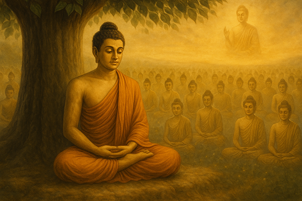 Buda Shakyamuni meditando sob a árvore Bodhi, com os mil Budas afortunados ao fundo e alusão a Maitreya, simbolizando compaixão e iluminação.