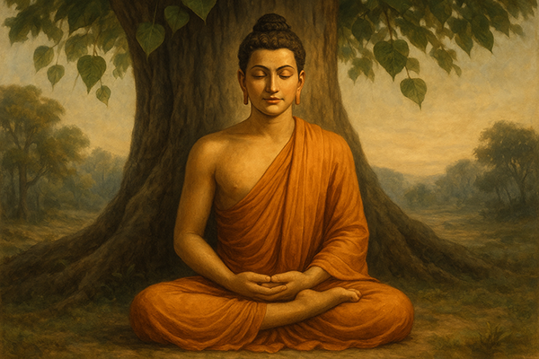 Siddhartha Gautama meditando sob a árvore Bodhi em Bodh Gaya, representando o momento da iluminação de Buda.