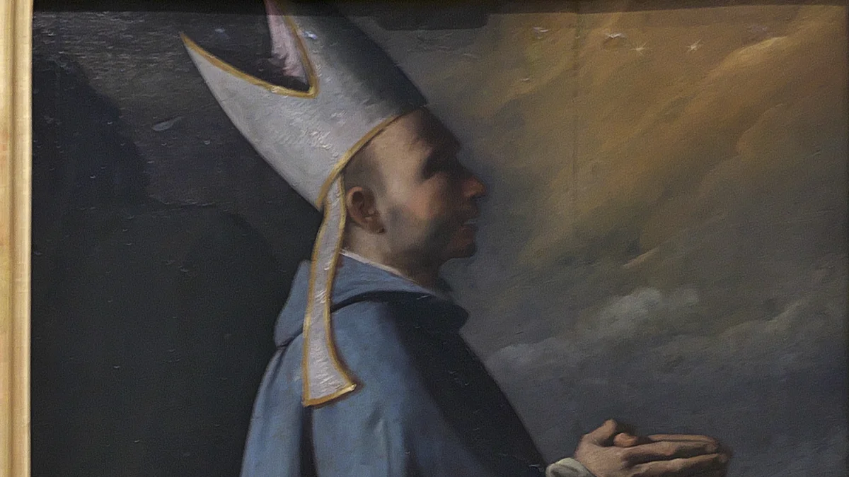 Pintura de São Hugo de Grenoble por Francisco de Zurbarán, bispo com mitra episcopal em oração