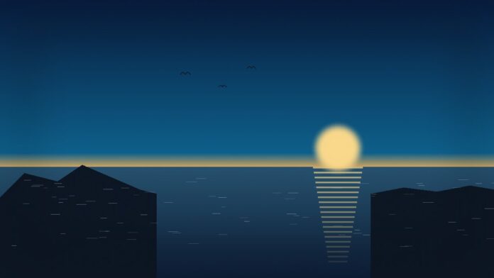 Costa portuguesa ao entardecer com sol baixo, mar calmo e silhuetas de falésias, simbolizando a Bandeira Azul 2026