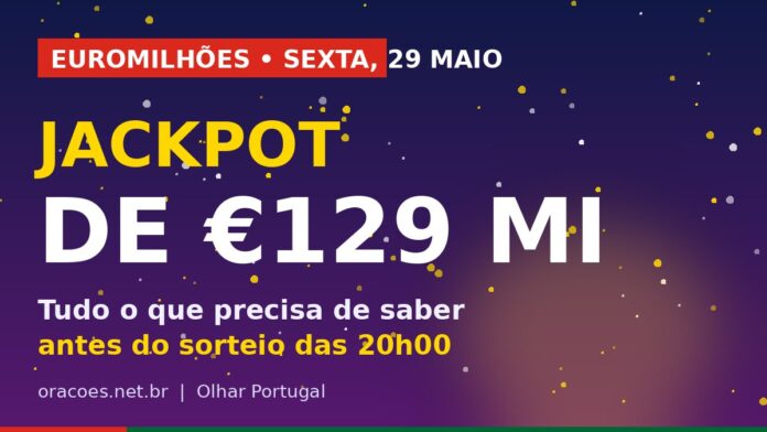 Euromilhões com jackpot de 129 milhões de euros no sorteio de sexta-feira, 29 de maio de 2026, em Portugal