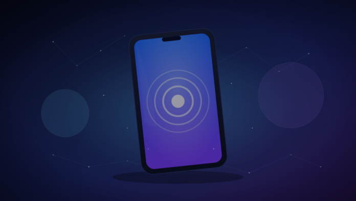 Telemóvel com ícone de pagamento contactless sobre fundo azul cinematográfico com rede de pontos representando a expansão do MB Way a 13 países europeus em 2026