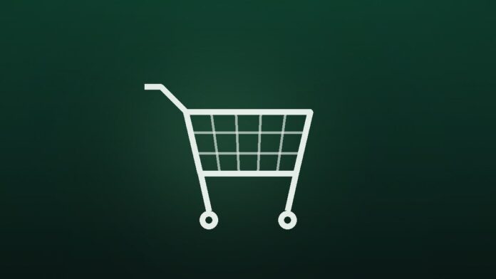 Ilustracao de um carrinho de compras de supermercado em tons claros sobre fundo verde escuro
