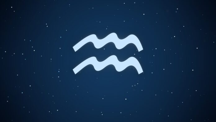 Símbolo astrológico de Aquário em fundo cósmico estrelado