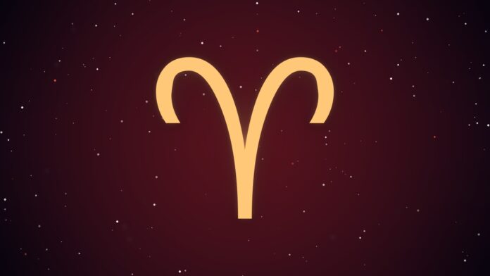 Símbolo astrológico de Áries em fundo cósmico estrelado