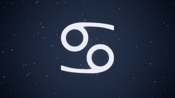 Símbolo astrológico de Câncer em fundo cósmico estrelado