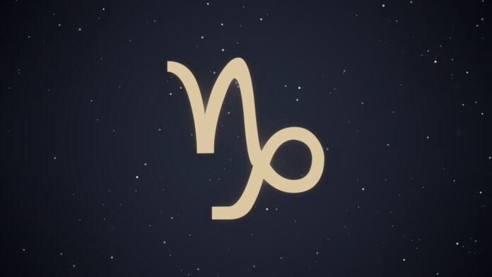 Símbolo astrológico de Capricórnio em fundo cósmico estrelado