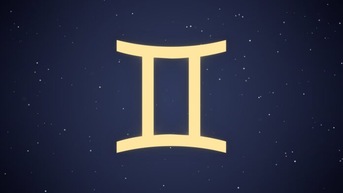 Símbolo astrológico de Gêmeos em fundo cósmico estrelado