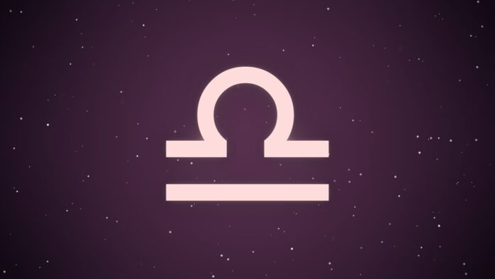 Símbolo astrológico de Libra em fundo cósmico estrelado
