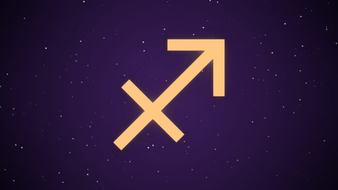 Símbolo astrológico de Sagitário em fundo cósmico estrelado