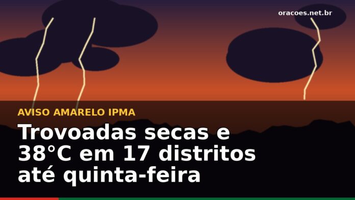 Mapa de Portugal sob aviso amarelo do IPMA com trovoadas secas e 38°C em 17 distritos